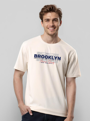 ADRO Printed Men Round Neck Beige T-Shirt