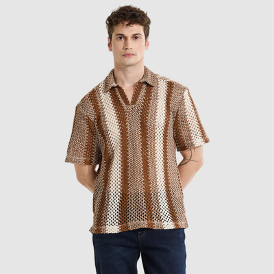 Snitch Striped Men Polo Neck Brown T-Shirt