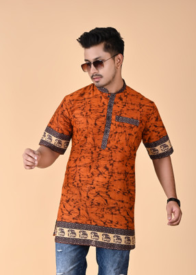 COSMOS ART ENTERPRISE Men Printed Straight Kurta(Orange)