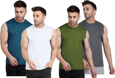 UDI n ADI Solid Men Round Neck White, Blue, Dark Green, Grey T-Shirt