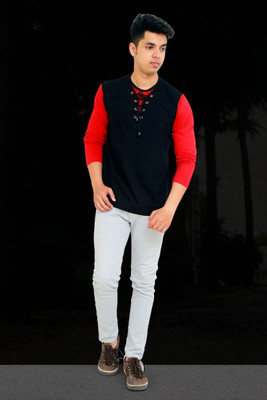 Faricon Trend Colorblock Men Round Neck Black, Red T-Shirt