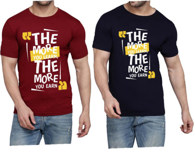 WOOSTRO Printed Men Round Neck Dark Blue, Maroon T-Shirt
