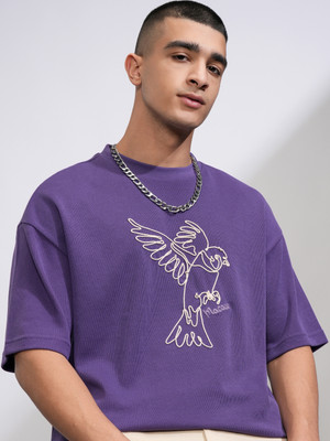HIGHLANDER Self Design Men Round Neck Purple T-Shirt