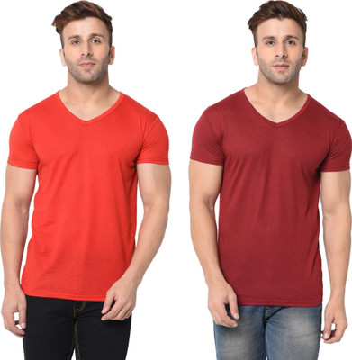 Tresna Fab Solid Men V Neck Red, Maroon T-Shirt