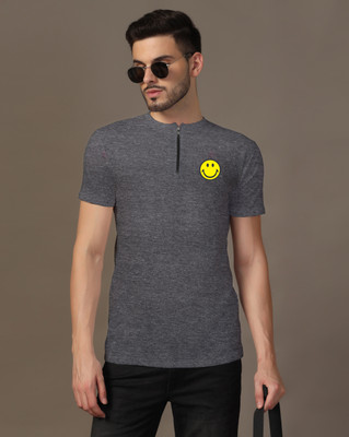 Lawful Casual Solid Men Mandarin Collar Grey T-Shirt