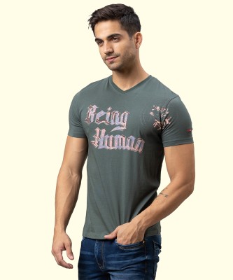 BEING HUMAN Typography Men Round Neck Green T-Shirt