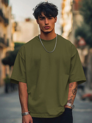 RetroTees Solid Men Round Neck Green T-Shirt