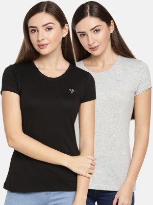 TWIN BIRDS Solid Women Round Neck Black, Grey T-Shirt