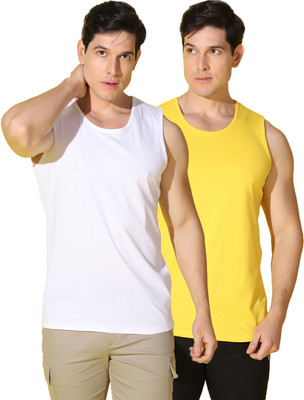 WOOSTRO Solid Men Scoop Neck White, Yellow T-Shirt