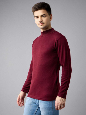 MVD Solid Men High Neck Maroon T-Shirt