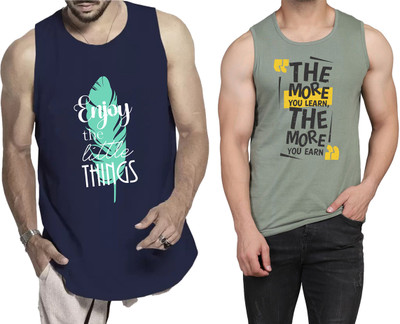WOOSTRO Printed Men Round Neck Navy Blue, Light Green T-Shirt