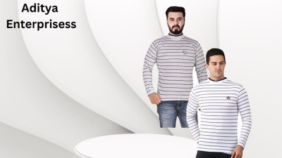 TIKI TEE FEB Striped Men Round Neck White, Black, Grey T-Shirt