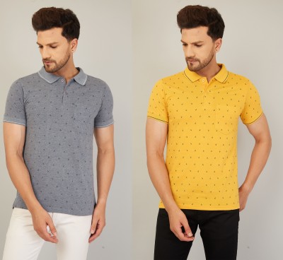 We Perfect Printed Men Polo Neck Grey, Yellow T-Shirt