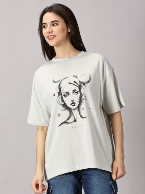 THE HOLLANDER Printed Women Round Neck Grey T-Shirt