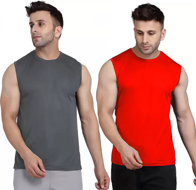 MR THINK Solid Men Round Neck Grey, Red T-Shirt