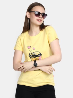 V-MART Printed Women Round Neck Yellow T-Shirt