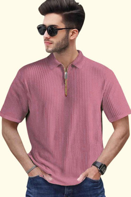 TELOXY Striped Men Zip Neck Pink T-Shirt