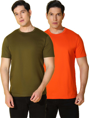 WOOSTRO Solid Men Round Neck Orange, Green T-Shirt