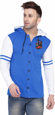 GEUM Colorblock Men Hooded Neck Blue, White T-Shirt