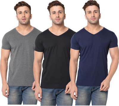 JB Jagoboy Solid Men V Neck Dark Blue, Black, Grey T-Shirt