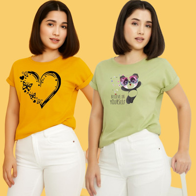 Kintu Parantu Printed Women Round Neck Yellow, Green T-Shirt