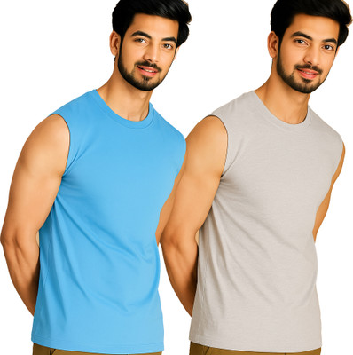 Adorbs Solid Men Round Neck Blue, Grey T-Shirt