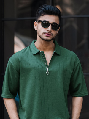 MANIAC Solid Men Polo Neck Green T-Shirt