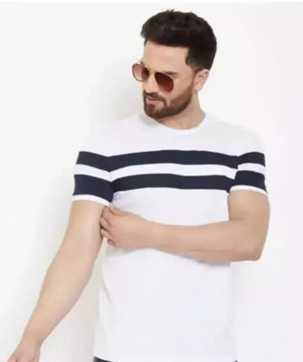 clickwell Striped Men Round Neck White T-Shirt