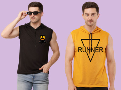 Zxomillo Printed Men Hooded Neck Black, Yellow T-Shirt