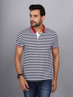 JAGURO Striped Men Polo Neck White, Navy Blue T-Shirt