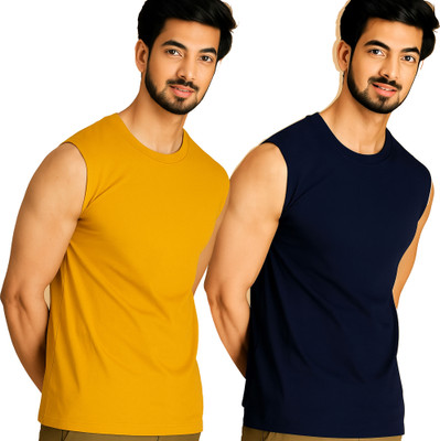 Moordale Solid Men Round Neck Yellow, Dark Blue T-Shirt