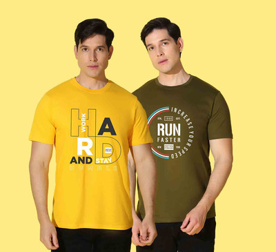 WOOSTRO Printed, Solid Men Round Neck Yellow, Green T-Shirt
