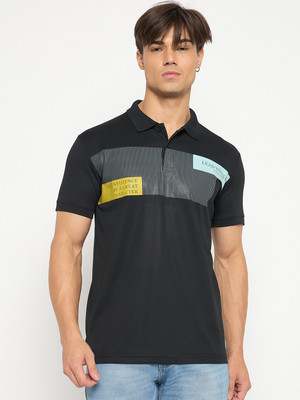 DUKE Striped Men Polo Neck Black T-Shirt