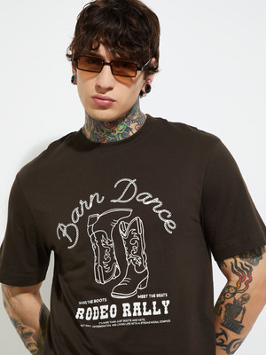 MAX Printed Men Round Neck Brown T-Shirt