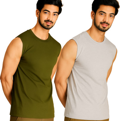 Jangoboy Solid Men Round Neck Dark Green, Grey T-Shirt
