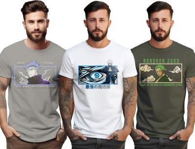 PeppyZone Graphic Print Men Round Neck Dark Green, Grey, White T-Shirt