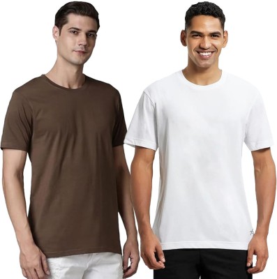 VIXENLY Solid Men Round Neck Brown, White T-Shirt