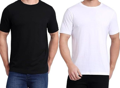 bhomik Solid Men Round Neck Black, White T-Shirt