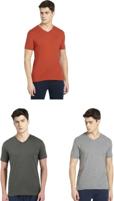 JOCKEY Solid Men V Neck Orange, Dark Green, Grey T-Shirt