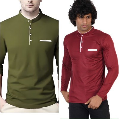 Meetri Printed Men Round Neck Dark Green, Maroon T-Shirt