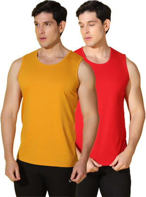 WOOSTRO Solid Men Scoop Neck Yellow, Red T-Shirt