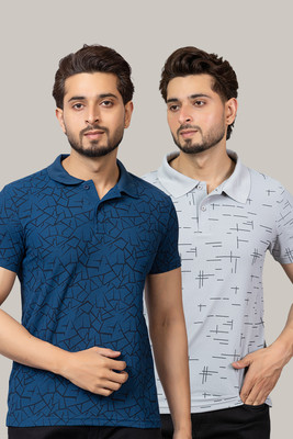 TRIUS Printed, Solid Men Polo Neck Navy Blue T-Shirt