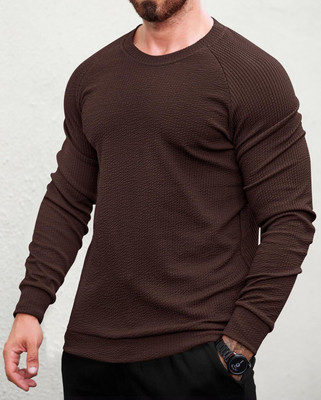 HouseOfCommon Solid Men Round Neck Brown T-Shirt