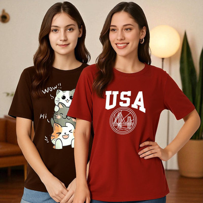 Elvia Graphic Print Women Round Neck Brown, Maroon T-Shirt
