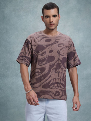 Roadster Printed Men Round Neck Brown T-Shirt