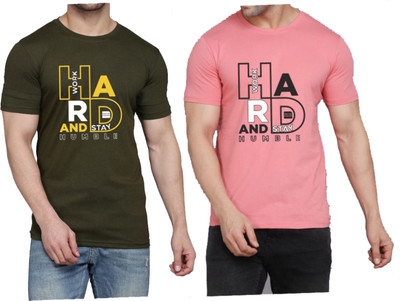 WOOSTRO Printed Men Round Neck Dark Green, Pink T-Shirt