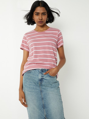MAX Striped Women Round Neck Purple T-Shirt