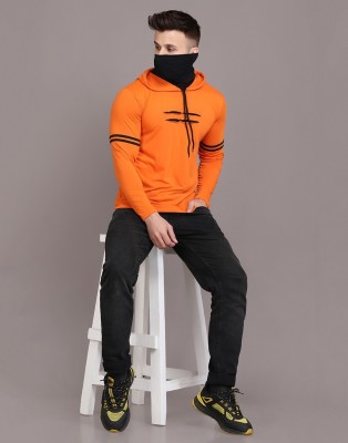 HouseOfCommon Self Design Men Hooded Neck Orange T-Shirt