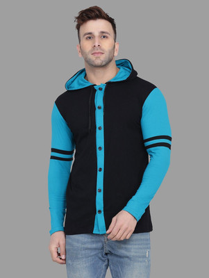 Money Leaf Colorblock Men Hooded Neck Black, Light Green T-Shirt