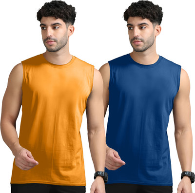 Jangoboy Solid Men Round Neck Orange, Dark Blue T-Shirt